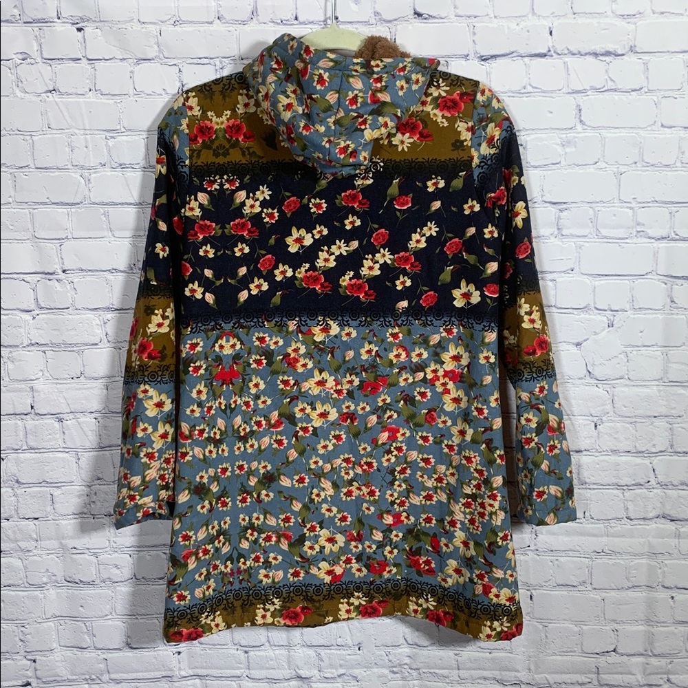 Cellabie Womens Fleece Lined Patchwork Floral Hooded Jacket Blue S Boho Casual - Picture 6 of 6